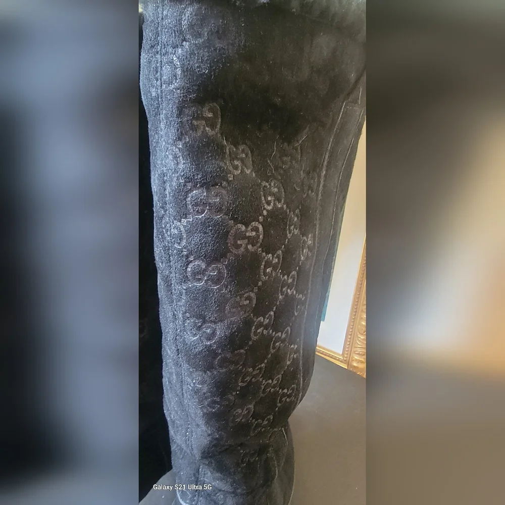 Gucci Suede Monogram Black Shearling Lined Tall High Heel Women's Boots 9.5 - Picture 6 of 11